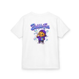 Kinder-T-Shirt – „Bubble Fun“: Cookie-Grafik eines Kindes, das Seifenblasen macht