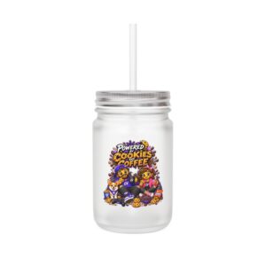 Crunchverse Monster Mason Jar Mug "Powered by Cookies & Coffee 2" | Frosted Mason Jar with Straw