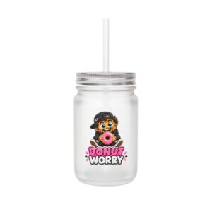 Crunchverse Monster Mason Jar Mug "Donut Worry" | Frosted Mason Jar with Straw