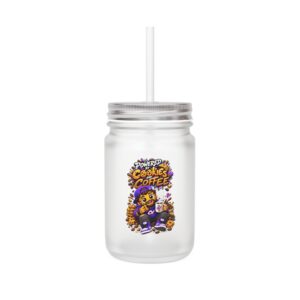 Crunchverse Monster Mason Jar Mug "Powered by Cookies & Coffee" | Frosted Mason Jar with Straw